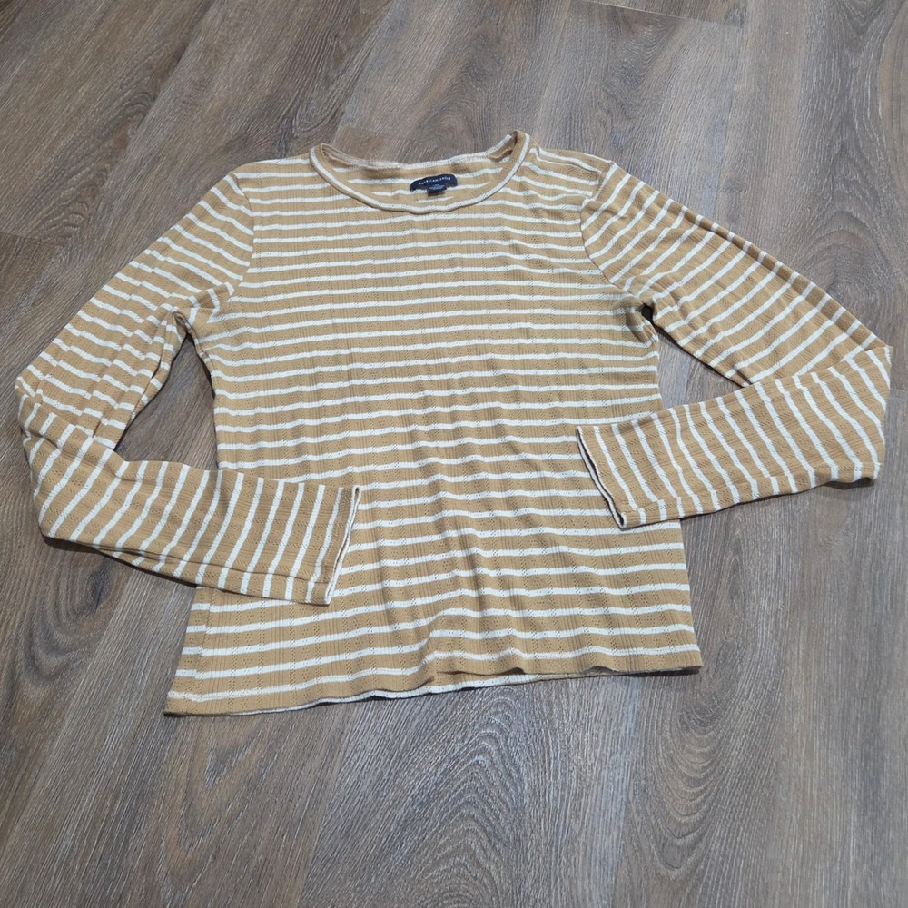 American Eagle Womens Tan White Striped Pointelle Knit Long Sleeve Top Large